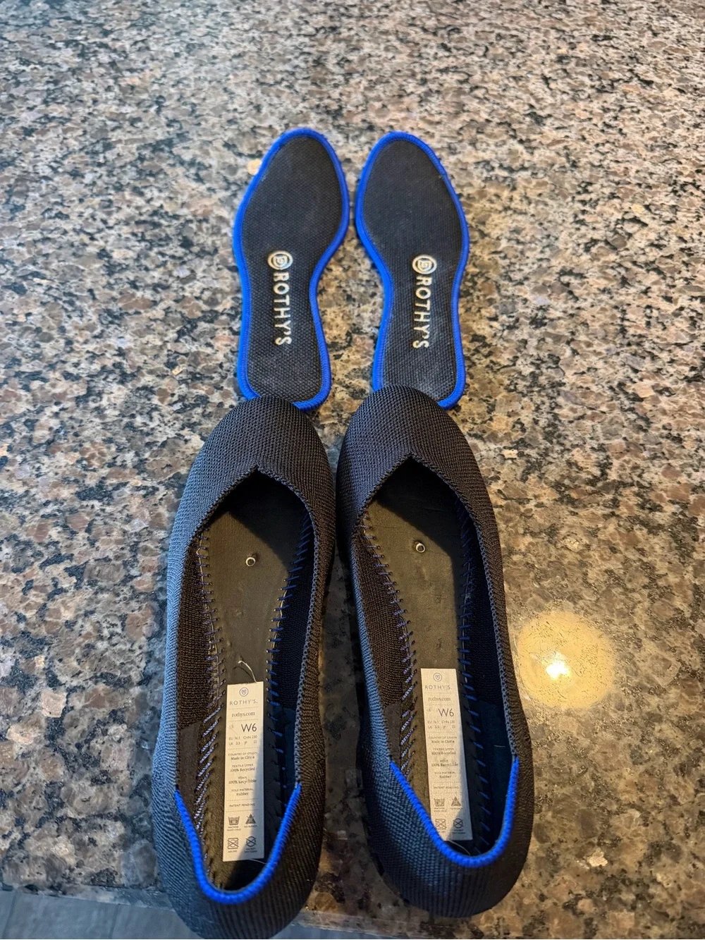 Rothy's Women's Black Knit Ballet Flats with Blue Trim, Size 6